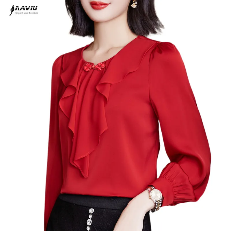 

NAVIU Red Long Sleeve Ruffles Shirt Women Autumn Chiffon New Professional Temperament Bottoming Blouses Office Lady Work Tops