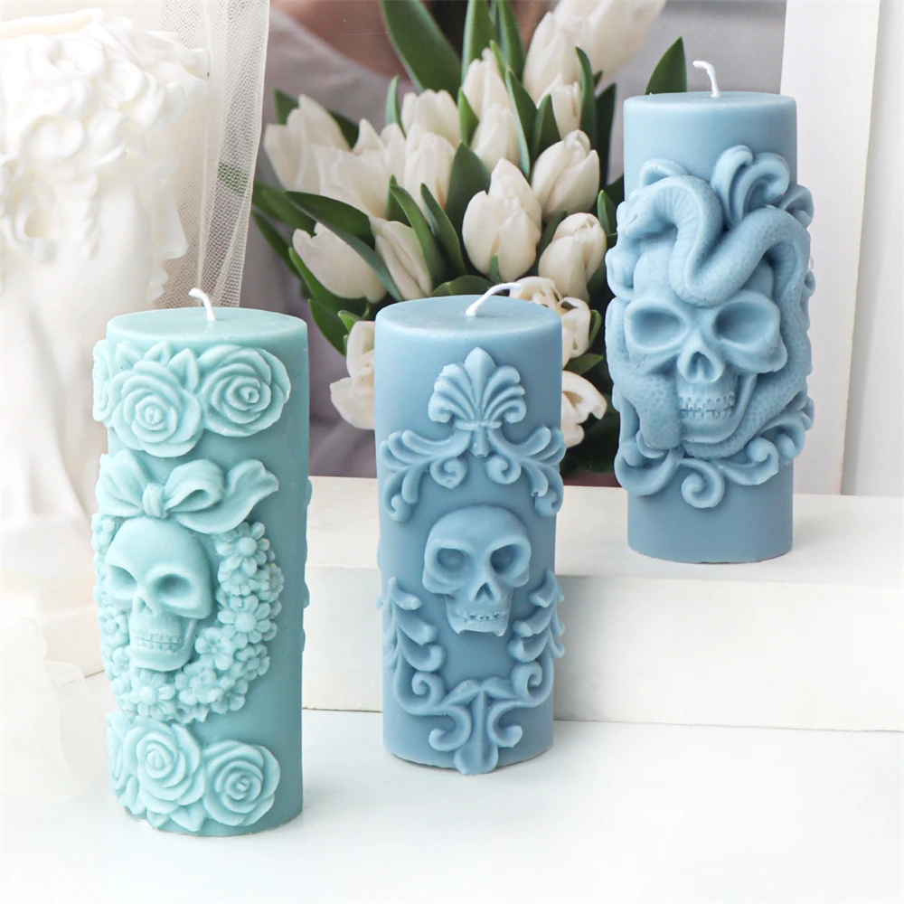 3D Relief Skull Column Candle Silicone Mold DIY Halloween Skull Post Aroma Gypsum Candle Mold Handmade Halloween Gift Decor Tool