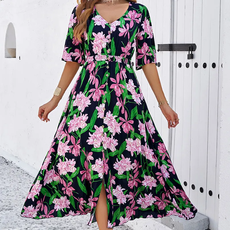 

Elegant Printed V-Neck Short Sleeved Slim Fit Dress Womens Summer Fashion Sexy Party Club Casual Holiday Dresses