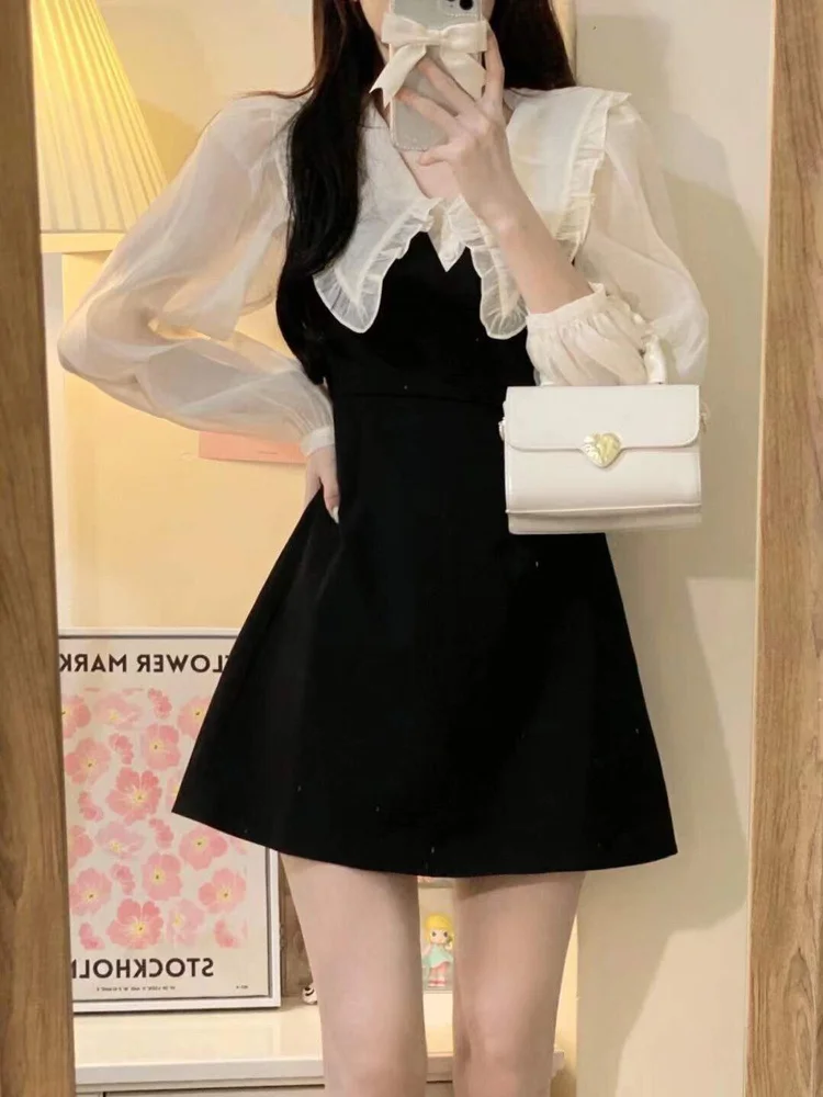 QWEEK Korean Style Kpop Peter Pan Collar Dress Women Elegant Wrap Bodycon  Black Mini Short Dresses 2022 Autumn Vestidos Female