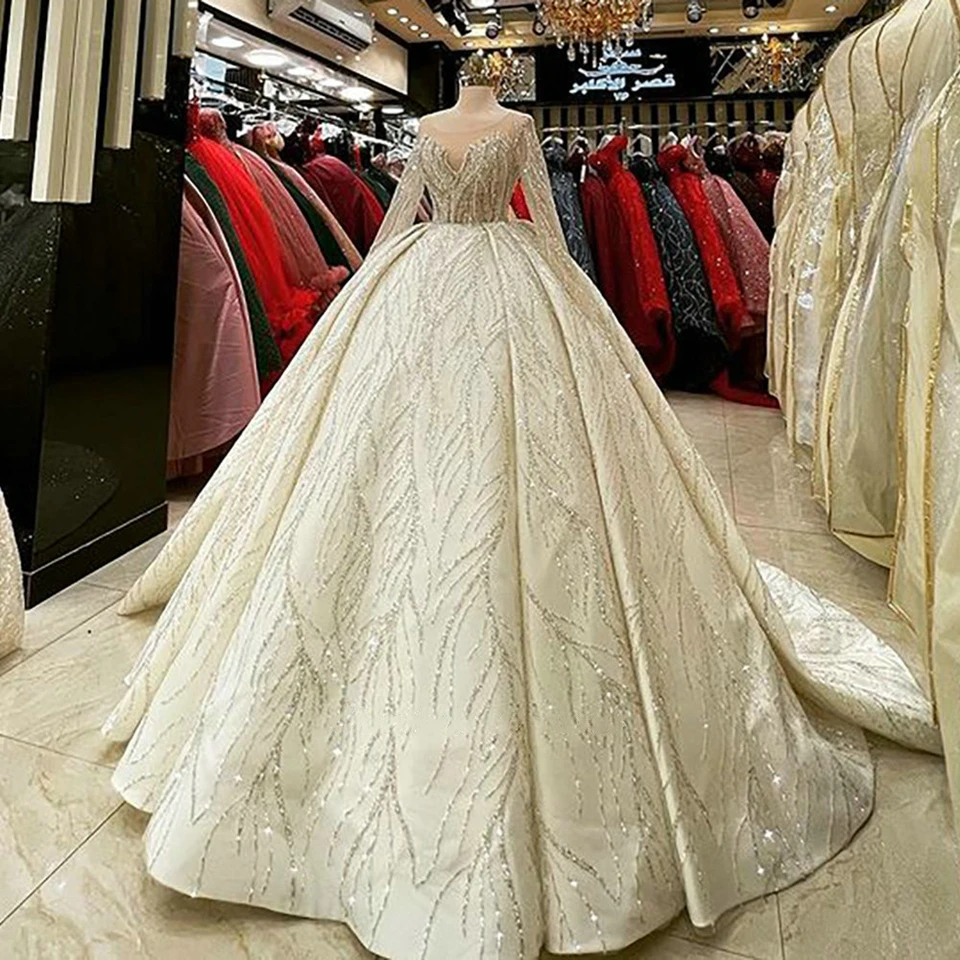 2026 Exquisites Illusions-Brautkleid mit Langen Ärmeln Dubai Ballkleid Funkelnde Pailletten Arabische Hochzeitskleider Vestido De Noiva – Detail 3