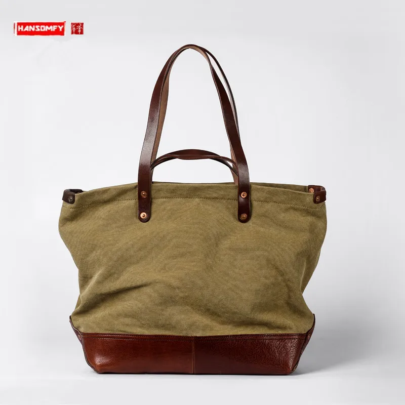 남성용 가죽 캔버스 토트백, 소가죽 통근 메신저 숄더백, 대용량 레저 노트북 핸드백
