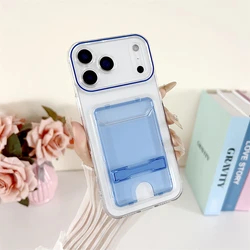 Transparent Card Holder Wallet Case with Folding Stand and Candy Color Finish - iPhone 15 Plus (Blue)