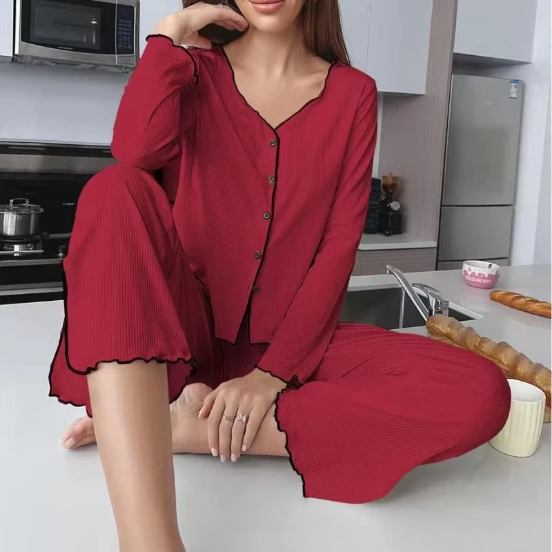 Autumn Winter Women Solid Color Pajama Set Casual Loungewear Long Sleeve  Leg Pants 2 Piece Outfit Comfortable Homewear New Hot