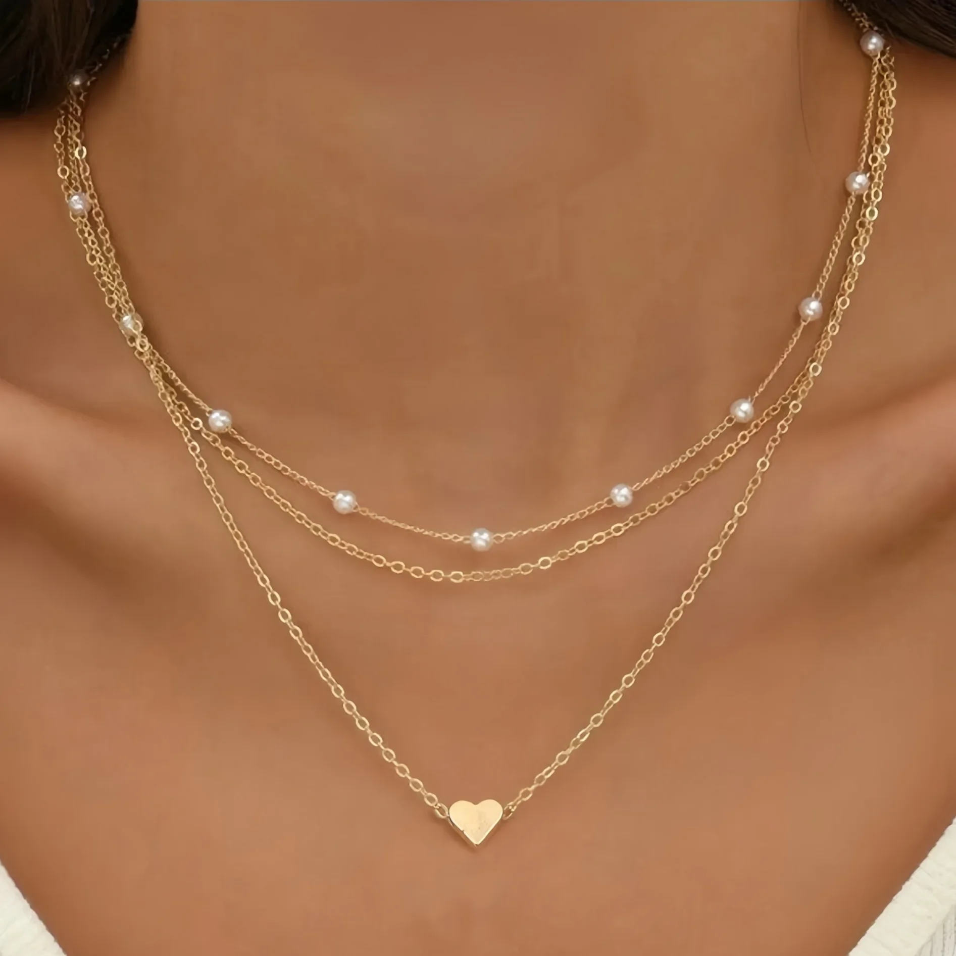 Janelle Multilayer Pearl Cross Love Heart Pendant Necklaces 1