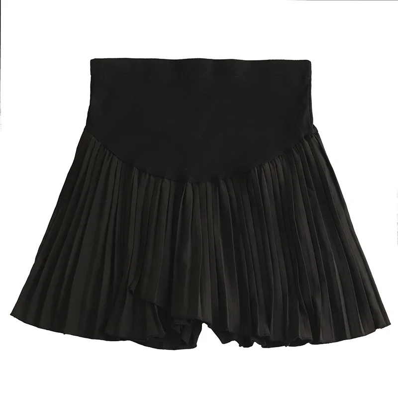 Summer Maternity Belly Skirts Adjustable High Waist Pregnant Woman Mini Skirt with Shorts Lining Irregular Chiffon Pleated Skort