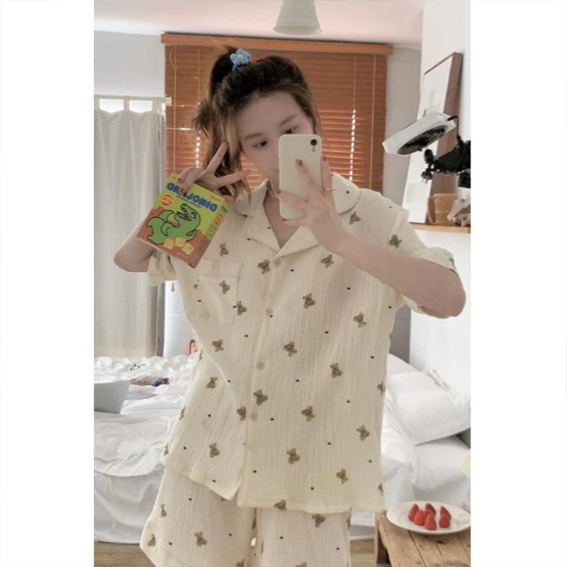 Spring 2024 Girly Sweet Bear Short-Sleeved Pajamas Women's Cute Home Two-Piece Nightdress Set Thin Daily Home Wear