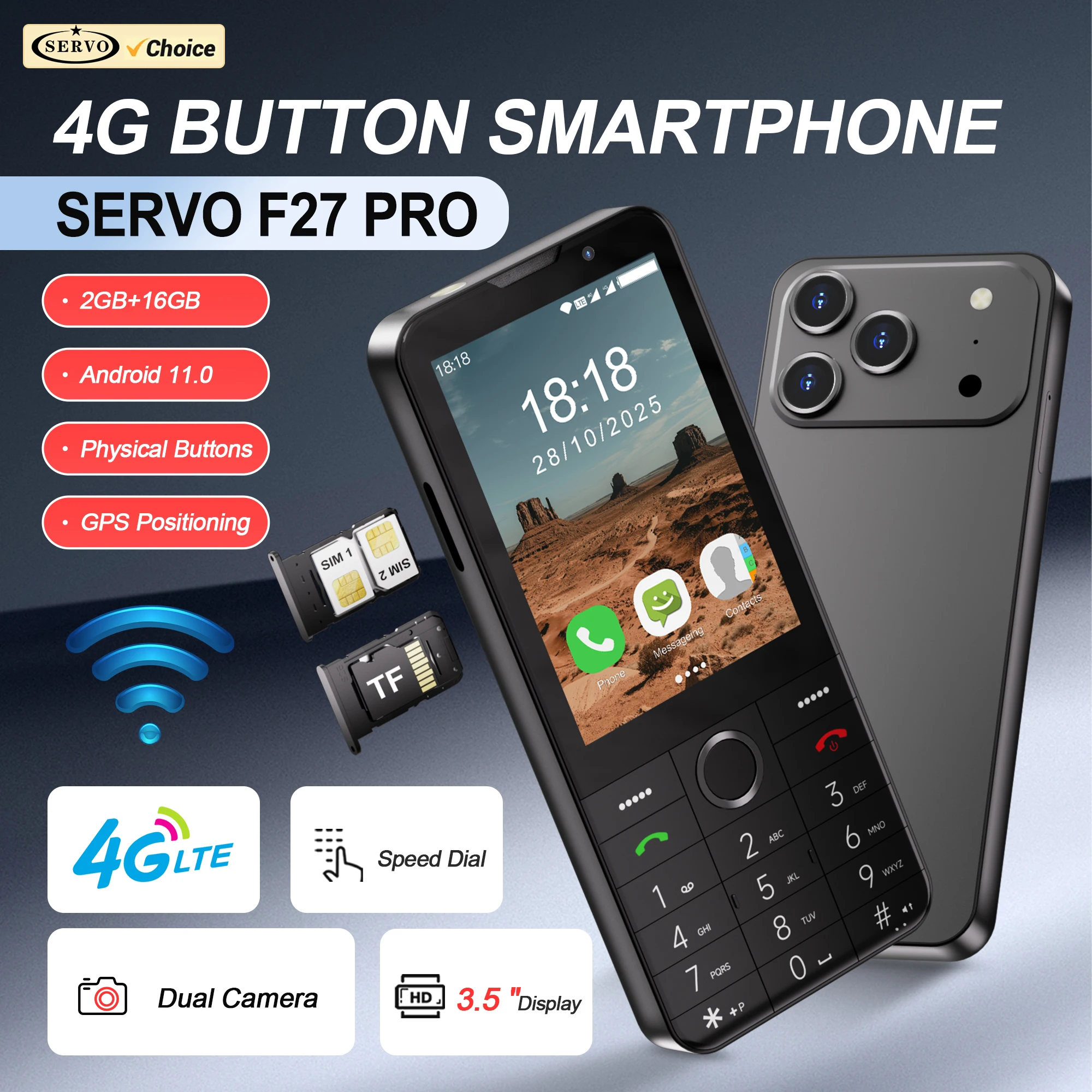 SERVO F27 PRO 4G LTE Button Smartphone Android 11.0 System 2GB+16GB Play Store Speed Dial WiFi 3.5" Touch Display Smart Phones