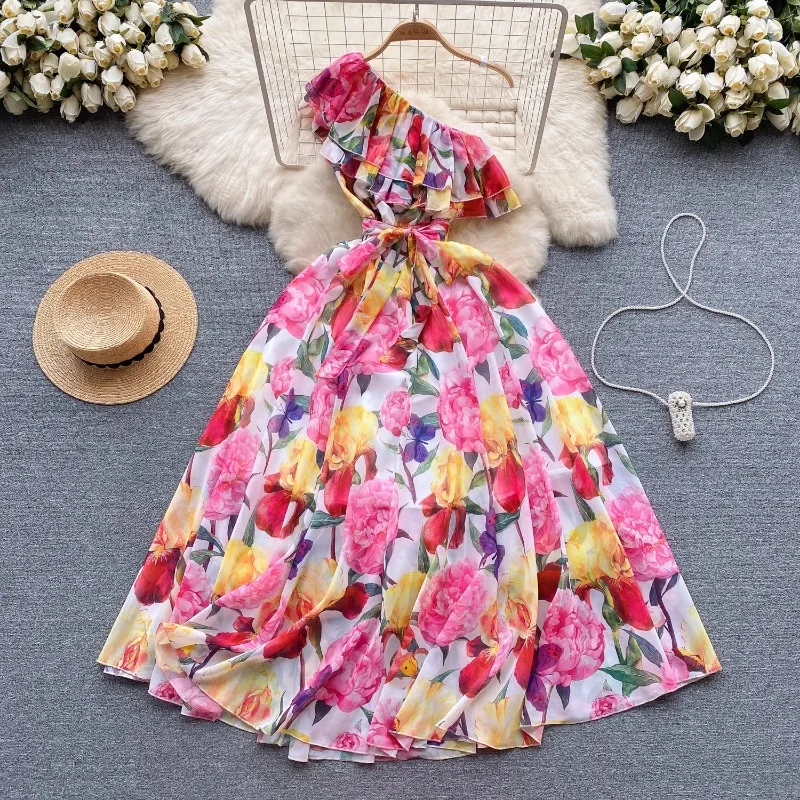 

High Quality Oblique Collar Open-shoulder Ruffled Dress for Women Lace-up Waist Long Chiffon Dress Summer Vacation Floral Dress