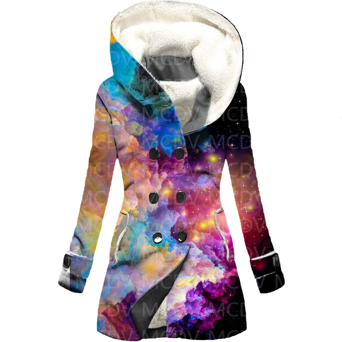 Galaxy 3D Printed Fleece Hooded Cloak Women Thick Warm Coat Women's Winter Warm Overcoat 01