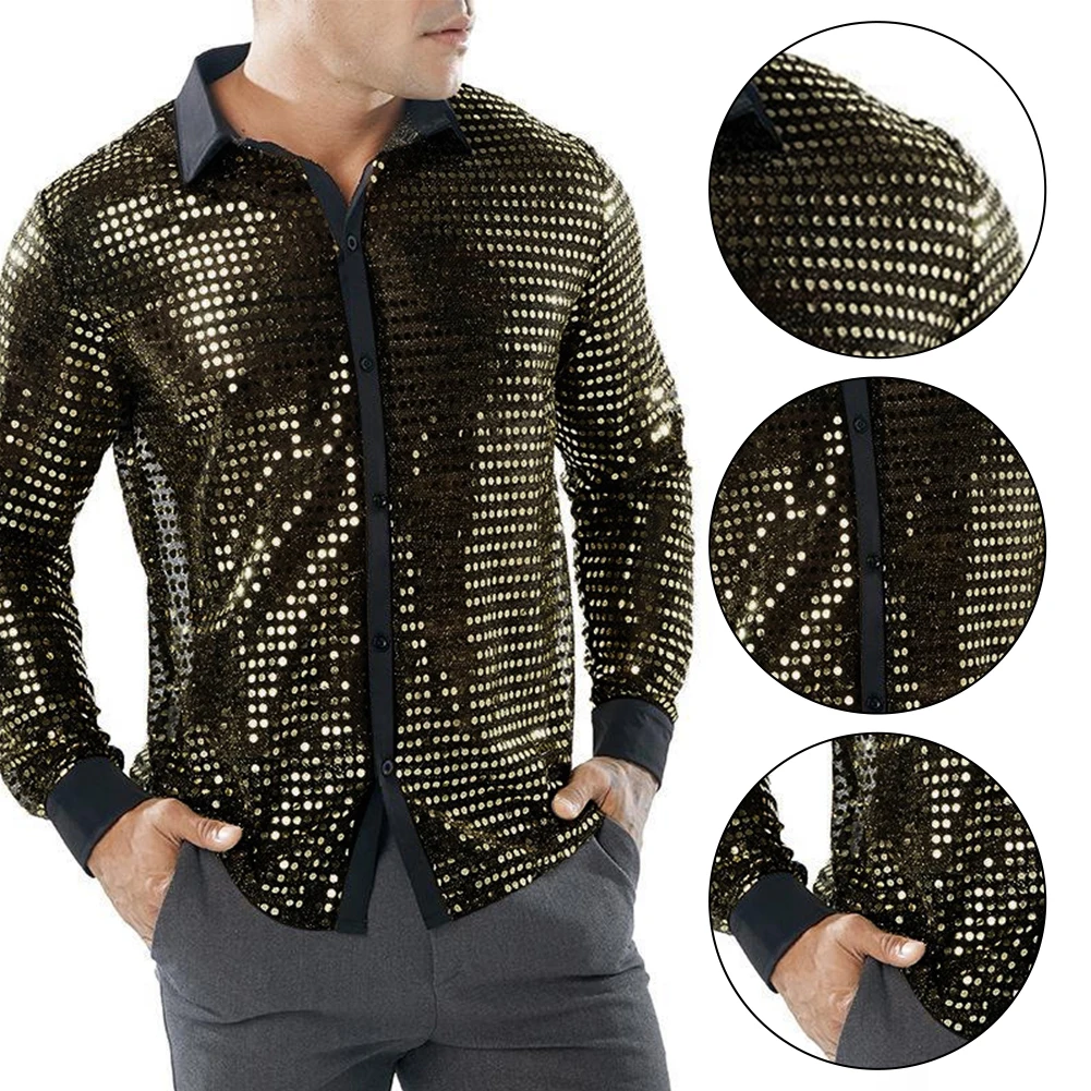 

Fashion Men's Shiny Sequins Shirts Long Sleeve Lapel Collar Stage Party Dance Retro 70s Disco Bling Shirt Tops Man Clothing