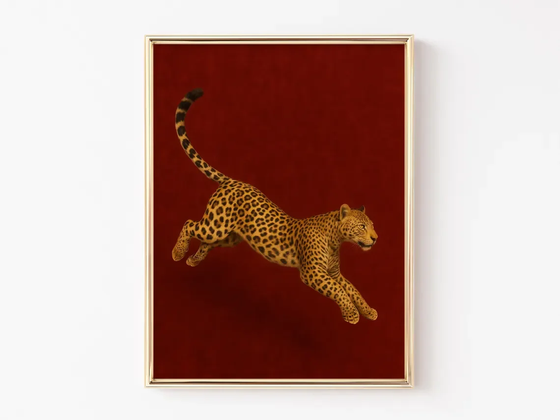 Red Leopard Oil Painting - Framed Poster, Burgundy Vintage Artwork, Luxe Masculine Decor