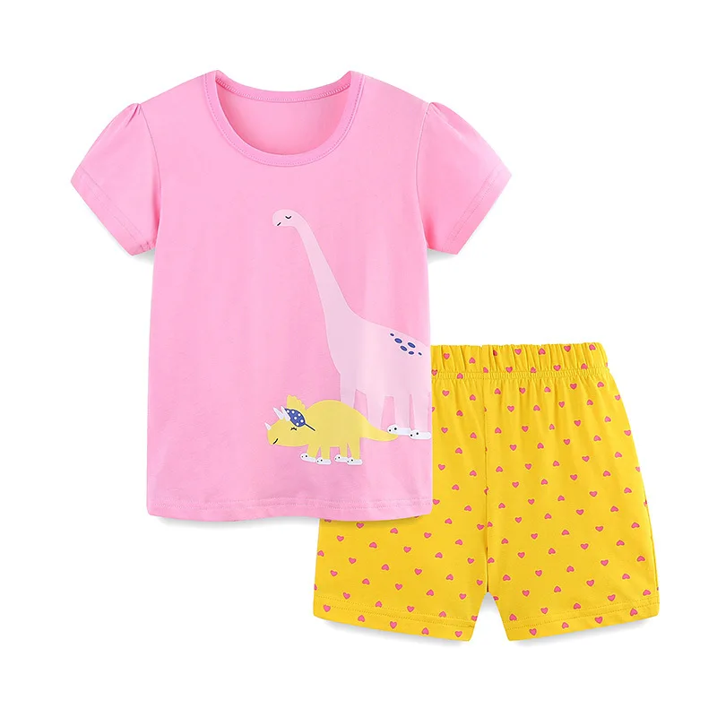 

24Summer Monsoon Children's Clothing Set Wholesale Short-Sleeved Knitted Cotton Girls' Suit Cartoon Printed Children's Two-Piece