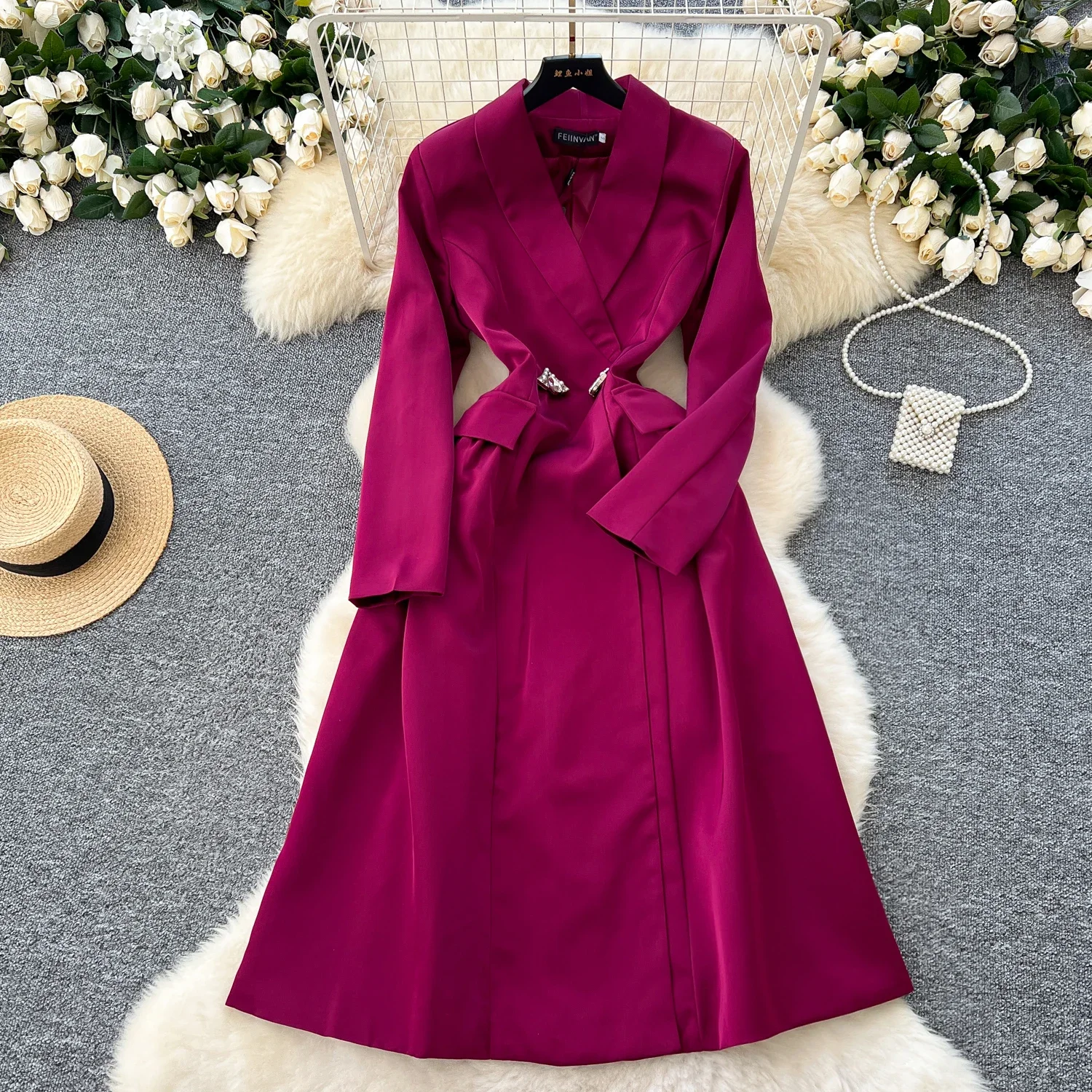 Womens Dresses High Collar V Neck Dress Elegant Notched Collar Vintage Long Sleeve Chic Slim A- Womens Dresses High Collar V Neck Dress Elegant Notched Collar Vintage Long Sleeve Chic Slim A-