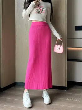 2023 autunno inverno donna solido dritto gonna lavorata a maglia elastico a vita alta ufficio signore a righe avvolte gonne lunghe popolari 1