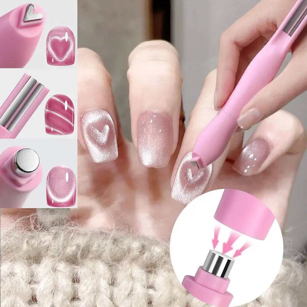 3-In-1 Heart Shape Cat Eye Nail Art Magnet Double Line Moon Snake Pattern French Nail Magnetic Pen Gel Polish Manicure Tool 1Pcs