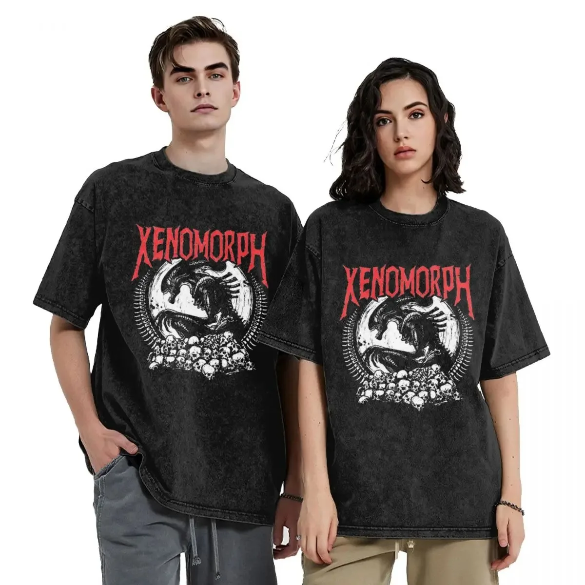 Death Metal Xenomorph Alien Movie Washed T Shirts Streetwear Hip Hop T-Shirt Tees for Men Women 100% Cotton Oversize Printed men t shirts