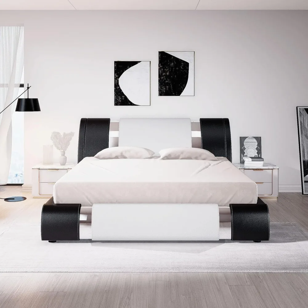 King Size Bed Frame with Iron Piece Decor, Leather Upholstered Platform Beds with Curved Adjustable Headboard, King Bed Frame 3