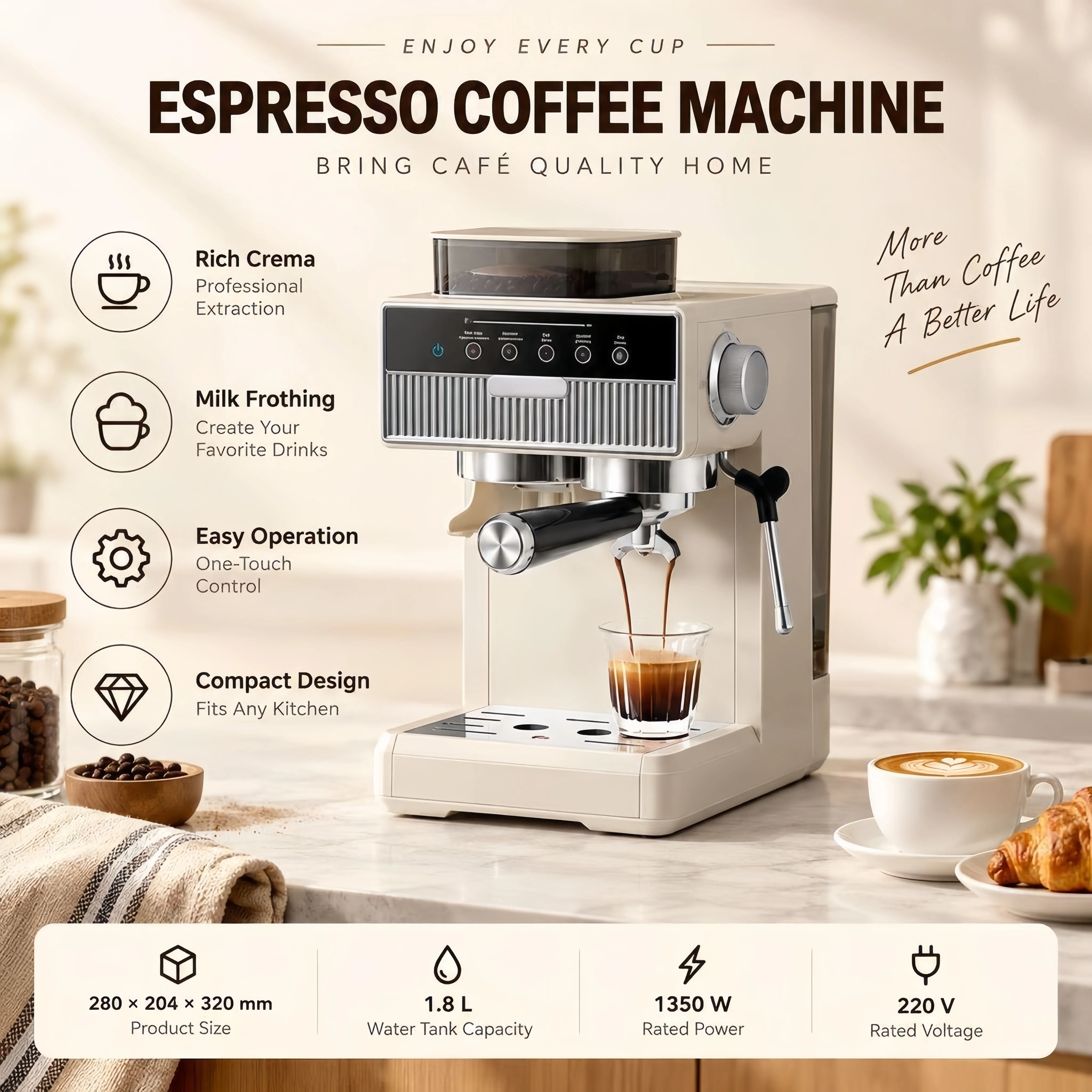 Machine à expresso semi-automatique avec moulin intégré, 20 bars, pour latte et cappuccino, 1,8 L, pour café froid, barista à domicile 1