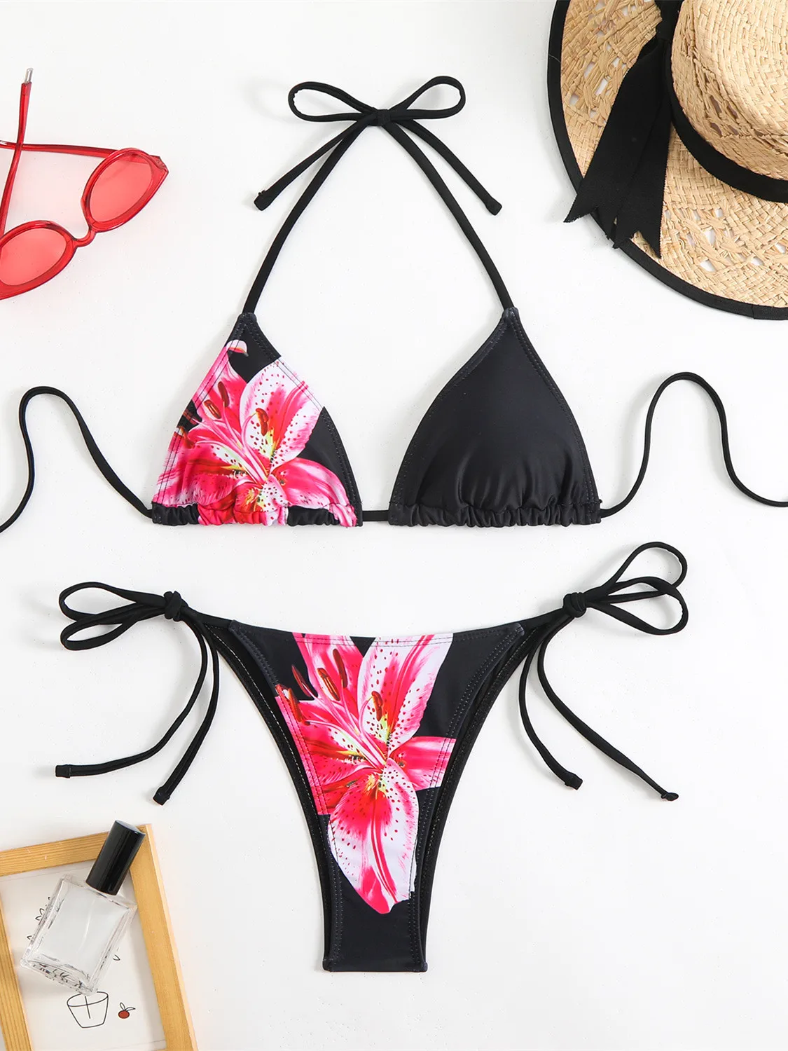 Sexy Micro Bikini 2025 Women Black Floral Print Push Up Bra Tie Side ...