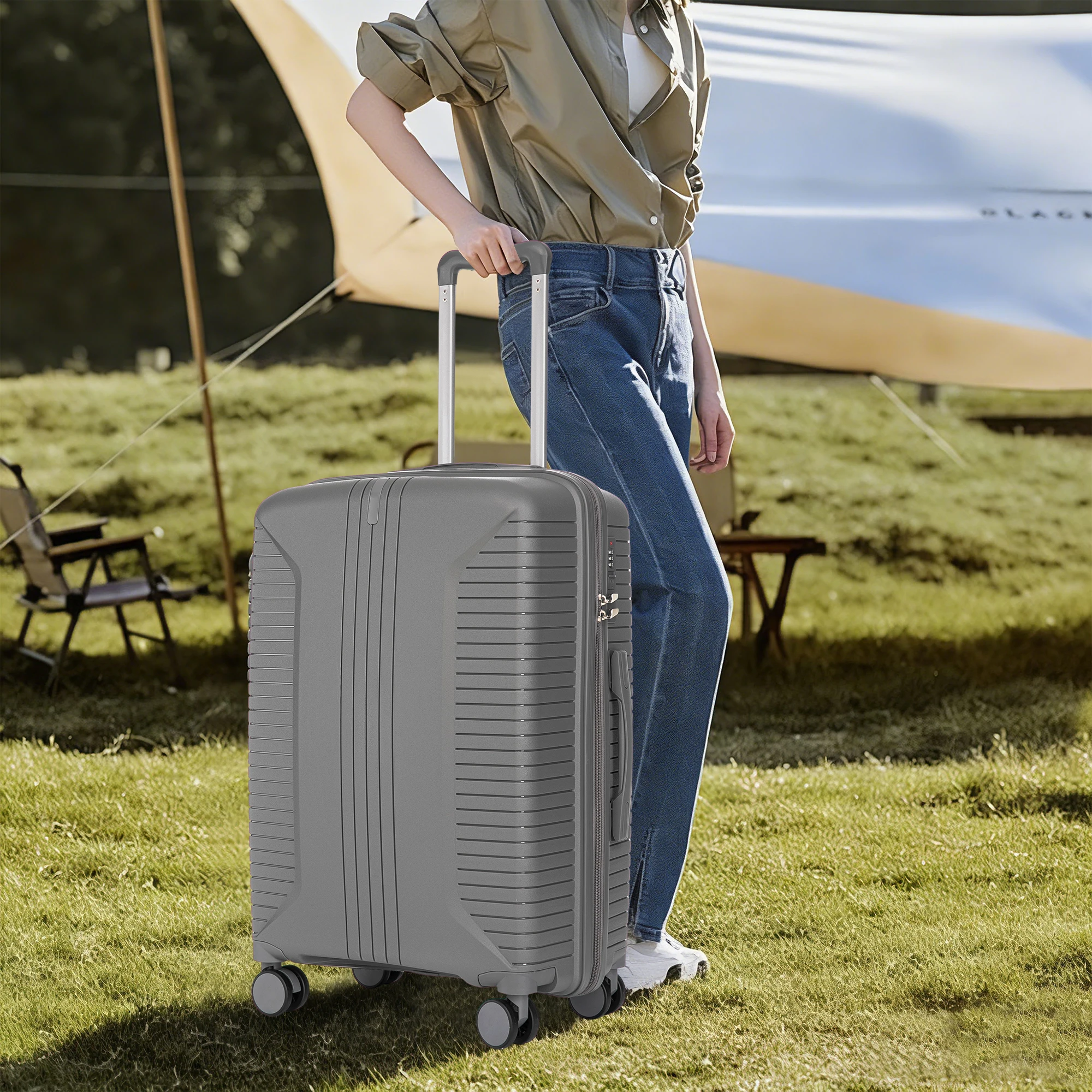 3-teiliges PP-Spinner-Kofferset 20''/24''/28'' mit 360°-Drehung ° Doppelte geräuscharme Spinner-Räder – seitlicher Griff, numerische Verriegelung, Schutzfüße – Detail 4