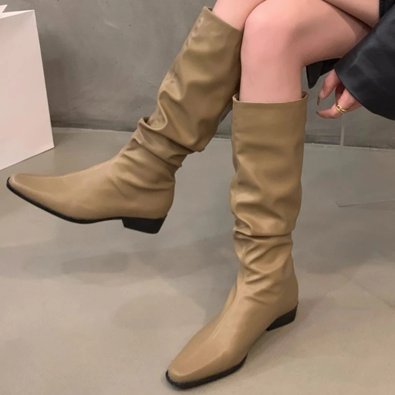 

2023 High Quality Shoes Female Slip on Women's Boots Outdoor Autumn Square Toe Black Knee-High Pleated Low-heeled Fashion Boots