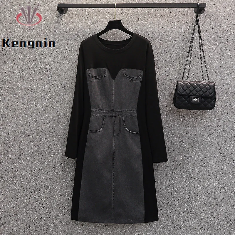 

Plus Size Women's Clothing 2023 Autumn Winter Loose Fake Two Piece Lady Vestidos Denim Patchwork Black Dress Female Robe KE3633