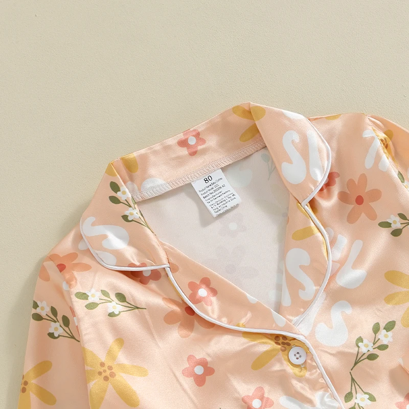 

Kids Girls Pajamas Set Flower Print Long Sleeve Top with Elastic Waist Pants Sleepwear
