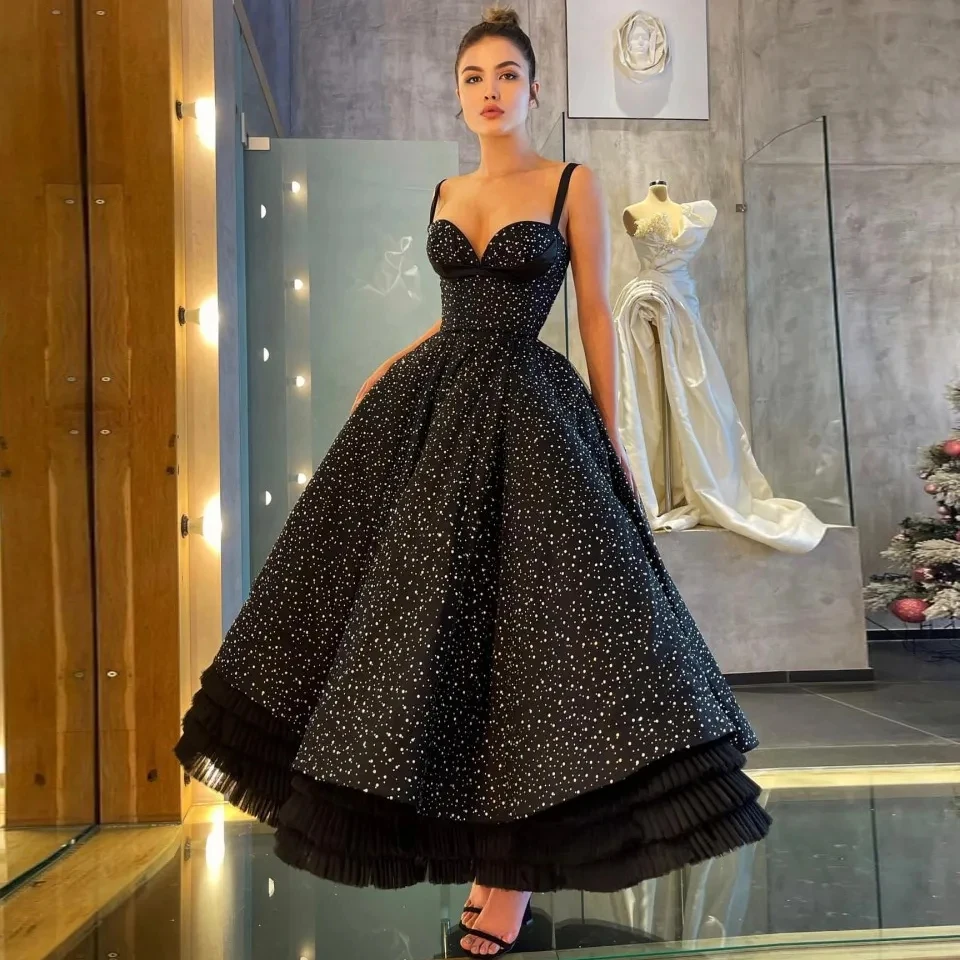 Flora Dress Elegant Black Tulle A-Line Sweetheart Ankle Length Evening Dresses Ruffles Spaghetti Strap Prom Gown For Women