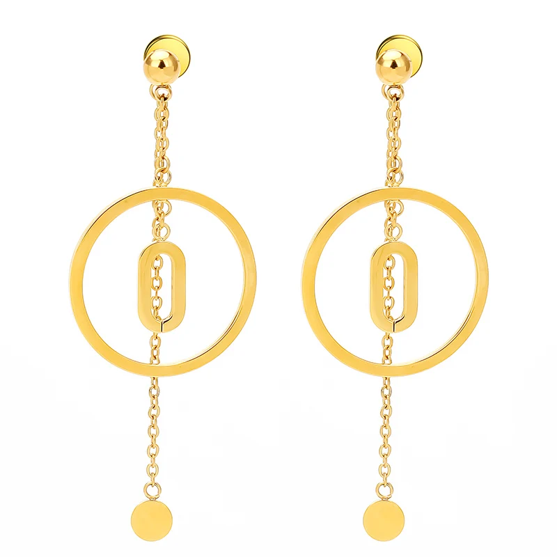 

Новые модные длинные геометрические круглые серьги золотого цвета, серьги из нержавеющей стали, модные украшения для женщин.