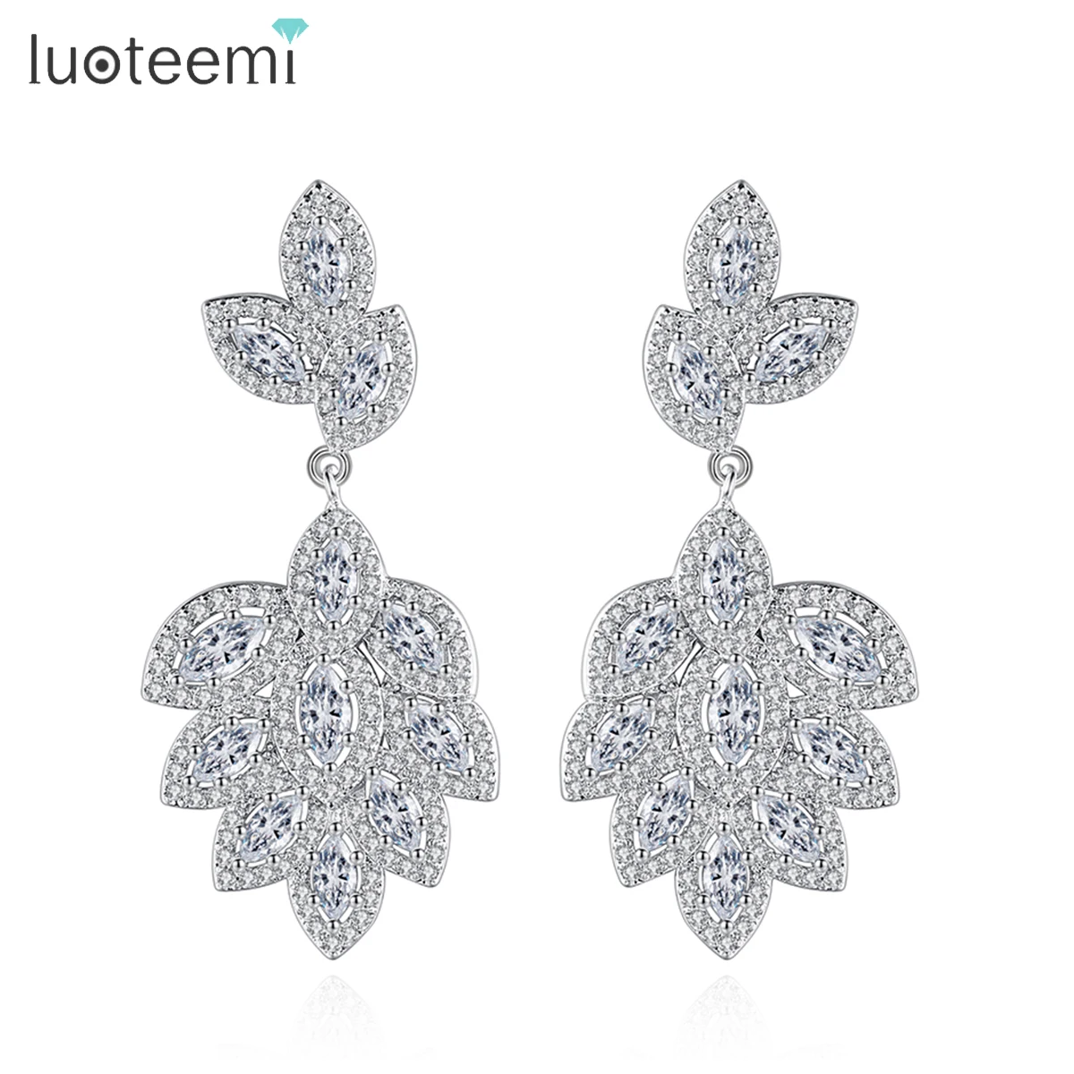 

LUOTEEMI Luxury Silver Color Women Wedding Bridal Jewelry Big Long Dangle Earring for Girl Leaves Trend New Party Accessories