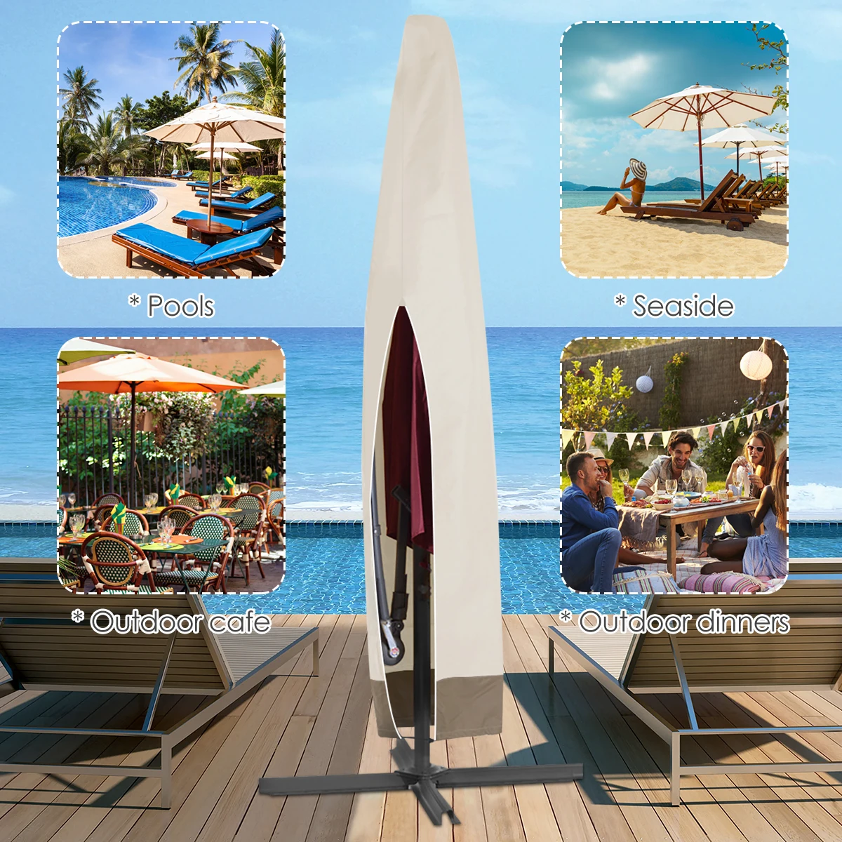 Parasol Cover 600D Oxford Fabric Waterproof Dustproof Anti-UV Outdoor Patio With Drawstring