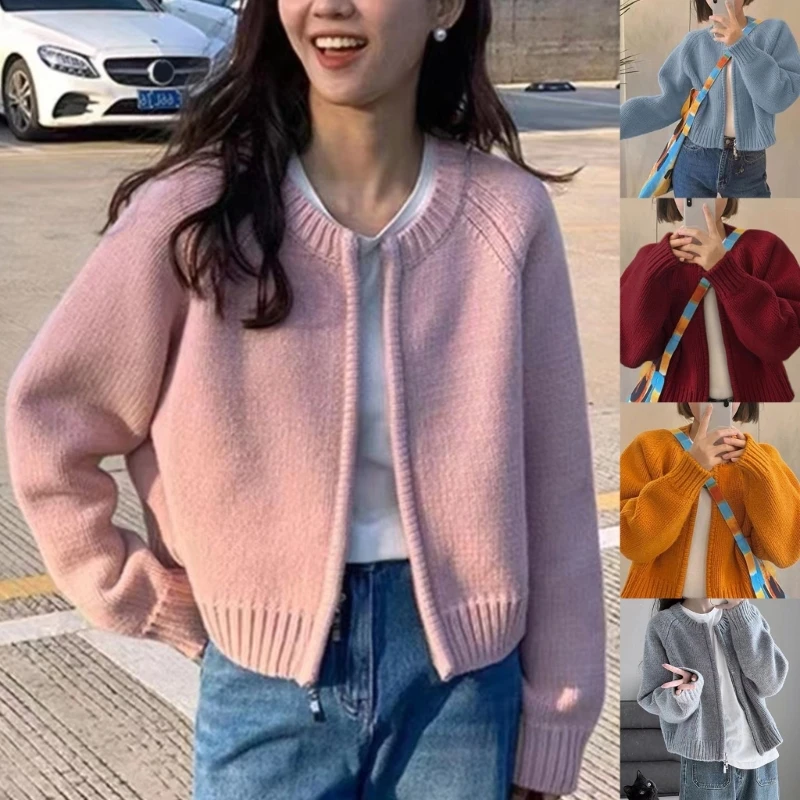 

Trendy Knit Sweater with Zipper Closure Crop Coat Tops for Women Girls