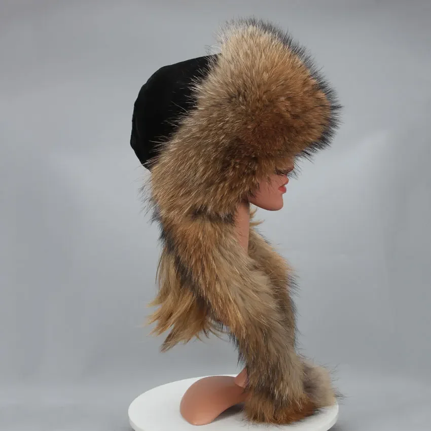 毛皮の帽子　アライグマ 女性のための本物のアライグマの毛皮のテールキャップ、天然の