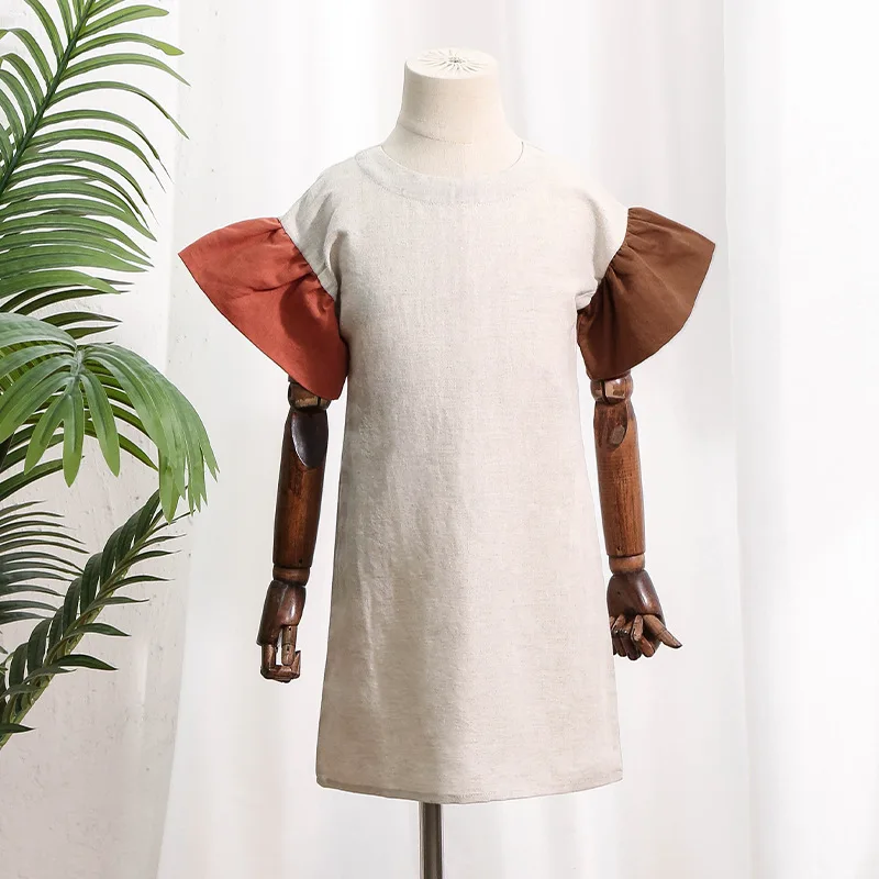 

HoneyCherry Girls Cotton and Linen Niche Design Dresses Summer New Patchwork Collision Color Ruffle Dress Girls Clothes