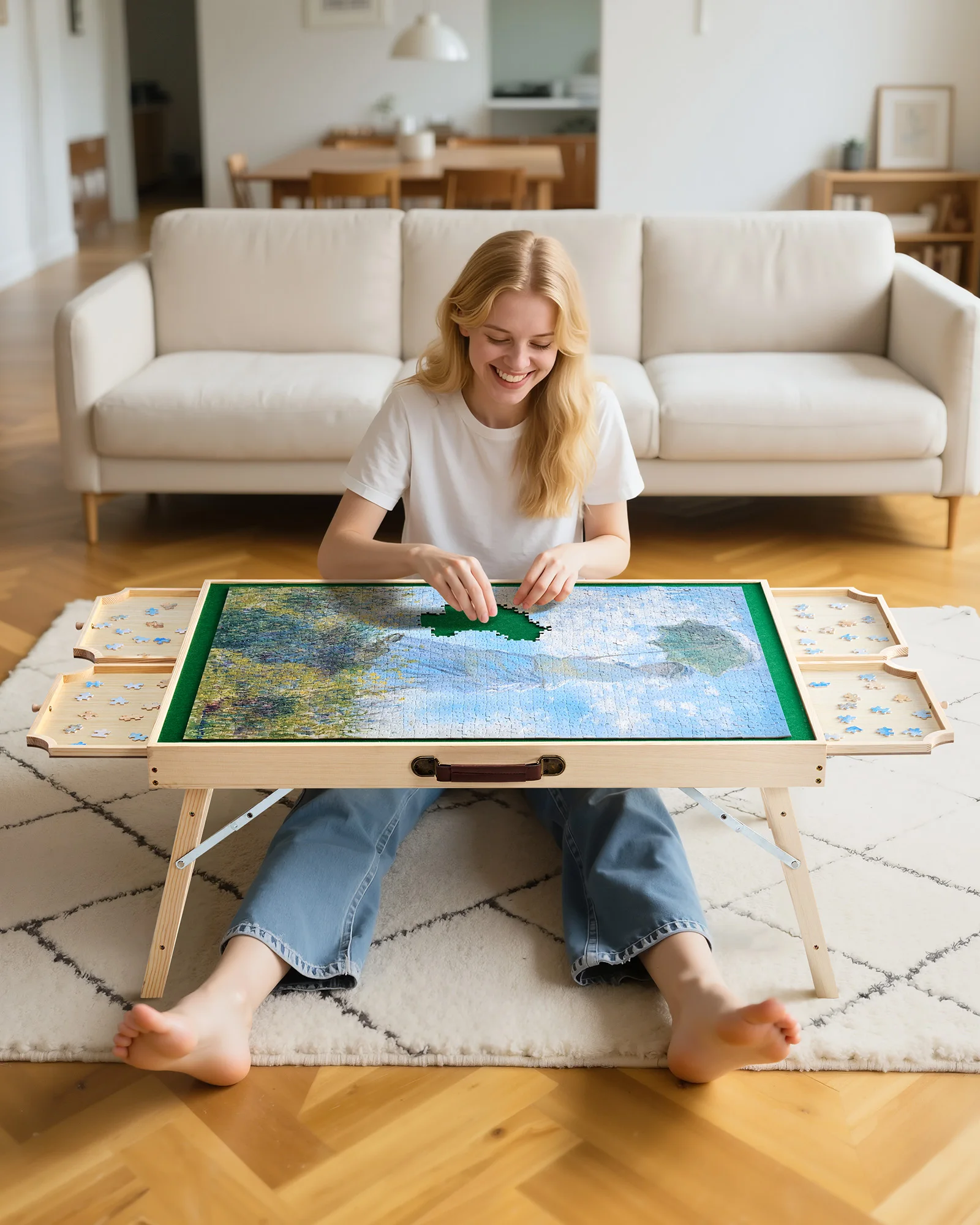 Portable Wooden Puzzle Table with Felt Surface and Drawers