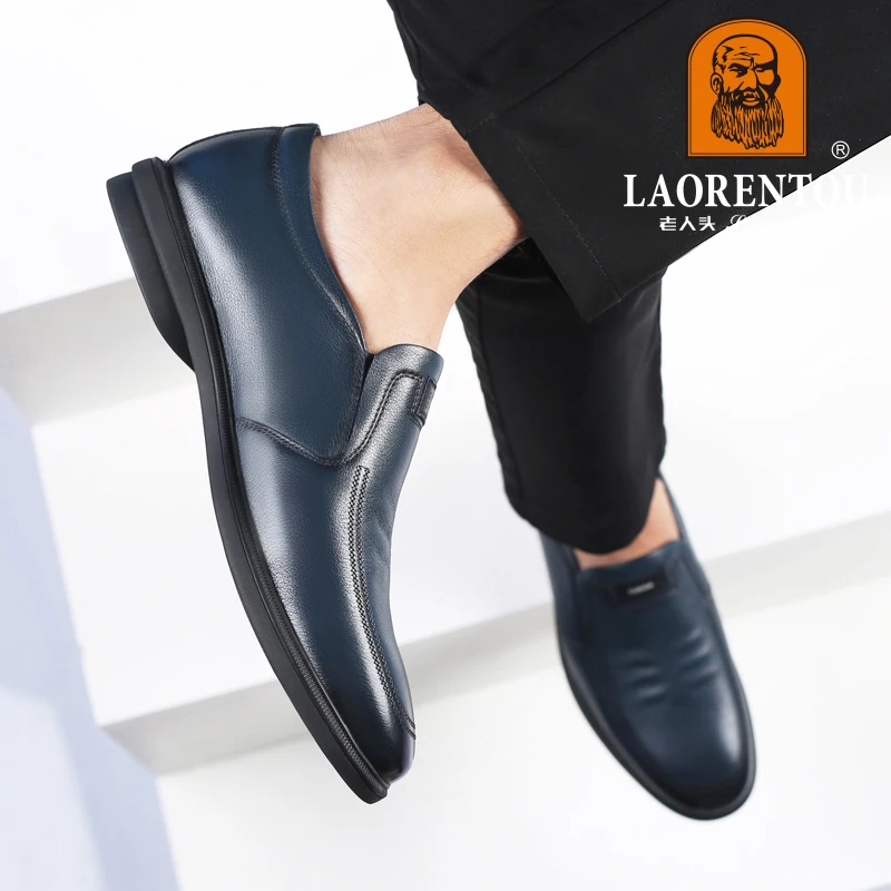 LAORENTOU genuine leather casual leather shoes for men's cowhide breathable soft soles, youth trend leather shoes white/blue 6