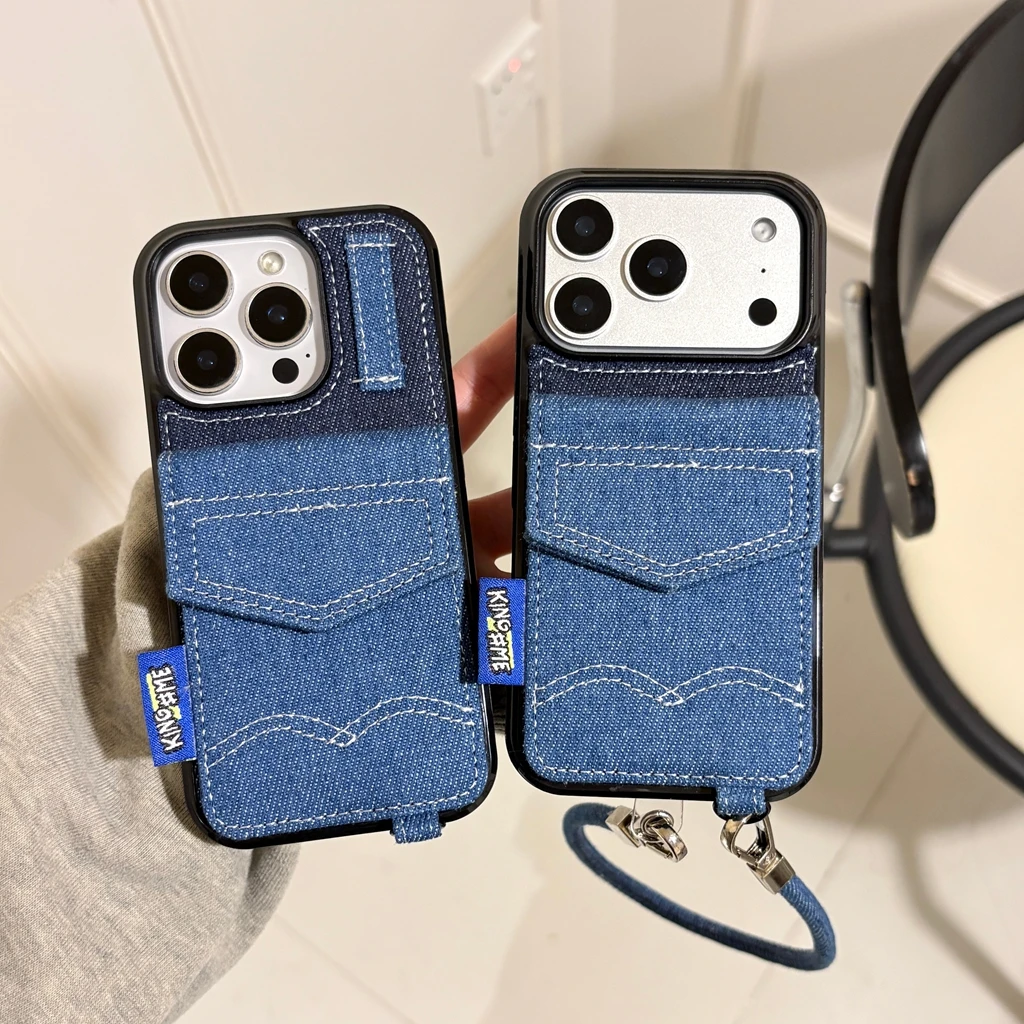 Stylish Retro Blue Denim Phone Cover with Lanyard and Shockproof Protection