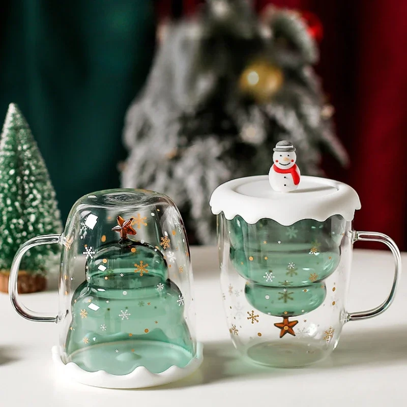 

Creative Christmas Glass Water Cup Double Layered Glass Christmas Gift High Aesthetic Water Cup with Lid Milk Coffee Cups