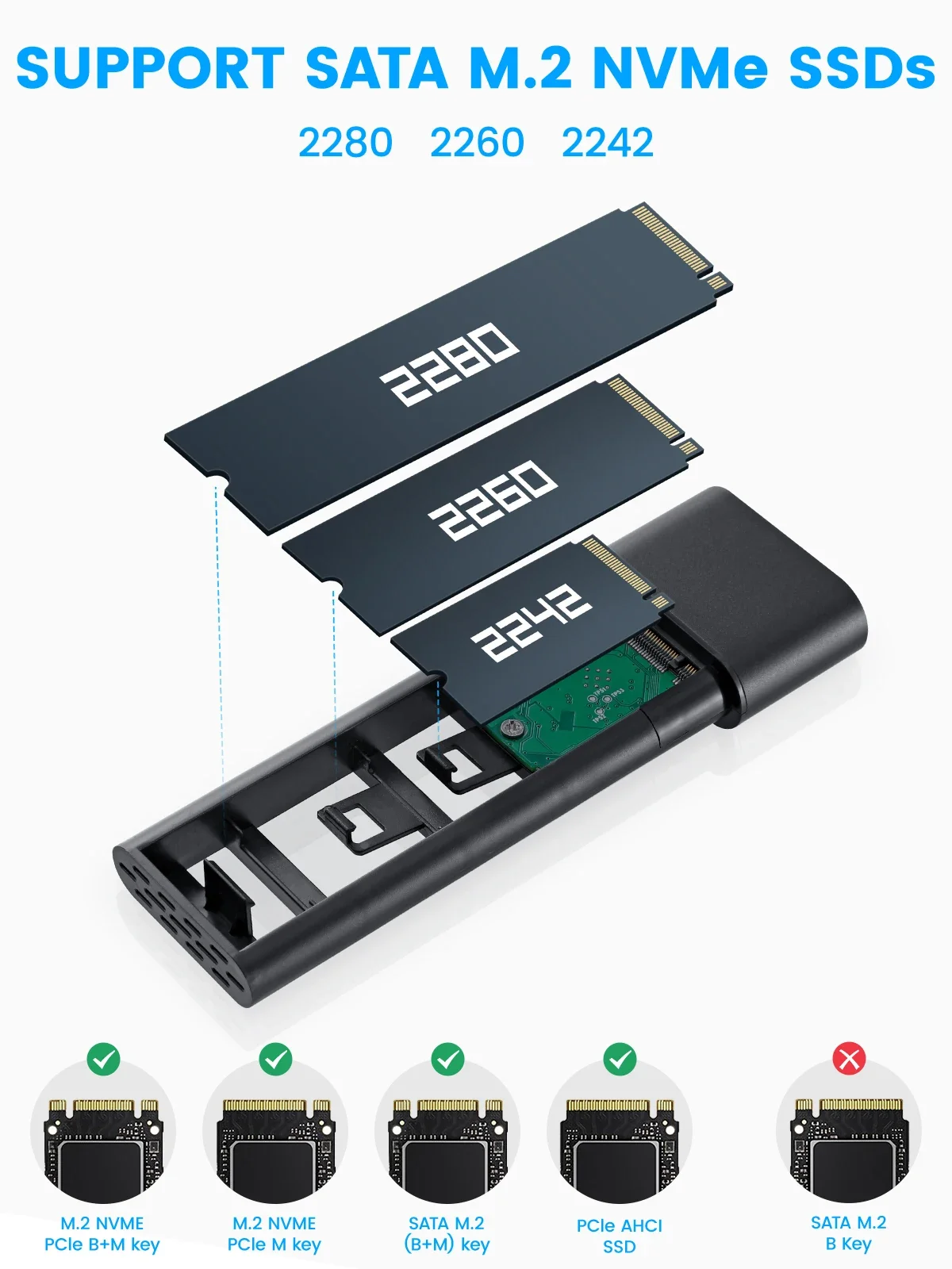 RSHTECH M.2 NVMe SSD Enclosure 10Gbps NVMe SATA SSD Caddy for B+M Key M.2 SSDs Aluminum USB 3.2 Gen2 External Enclosures