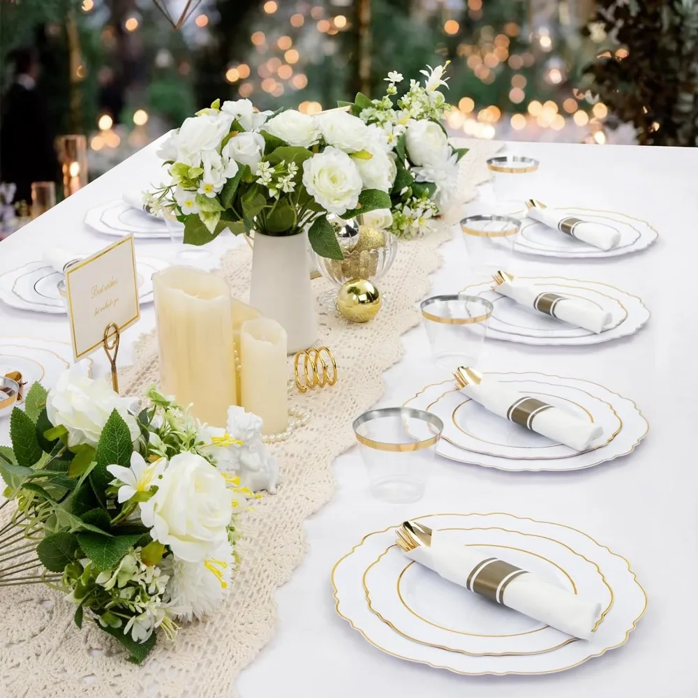 Liacere 350 PCS Plastic Disposable Plates 50guest Plastic Dinnerware Include 100Plates 50Pack Rolled Napkins with 50Cups Wedding