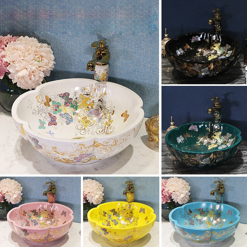 セラミック洗面台,カラフルな花の形,芸術的な洗面台,鳥のデザイン,41x41x15cm