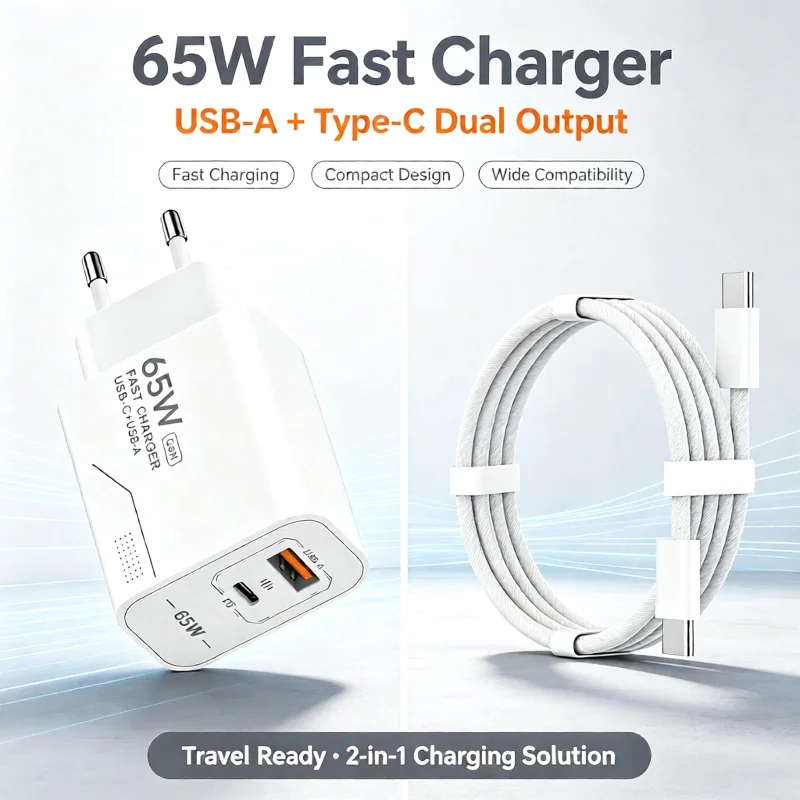 Universal 65W GaN Dual-Port Fast Charger with USB-C Adapter (EU/US Plug)