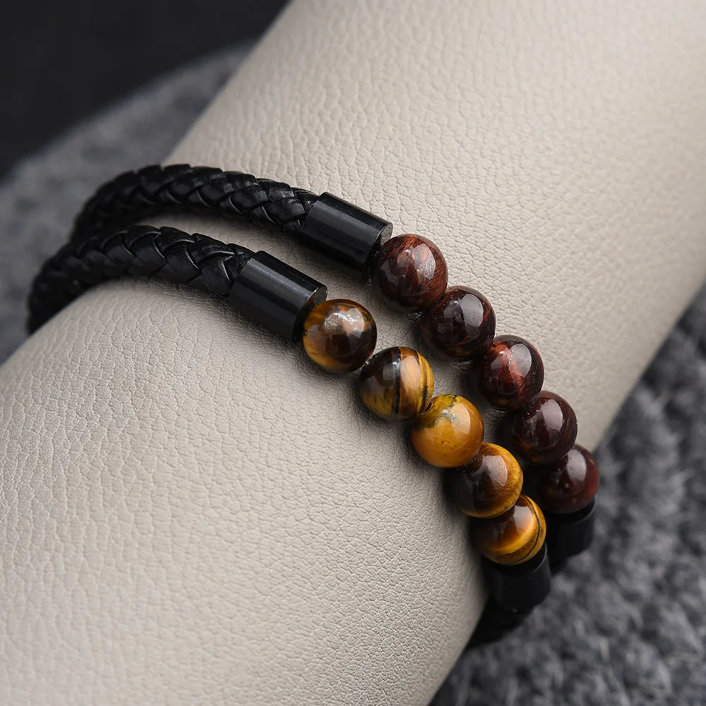 High Quality Leather Bracelet Lava Chakra Stone Beads Black Tiger Eye Bracelets Magnetic Buckle Bangles Braid Rope Chain for Men 5