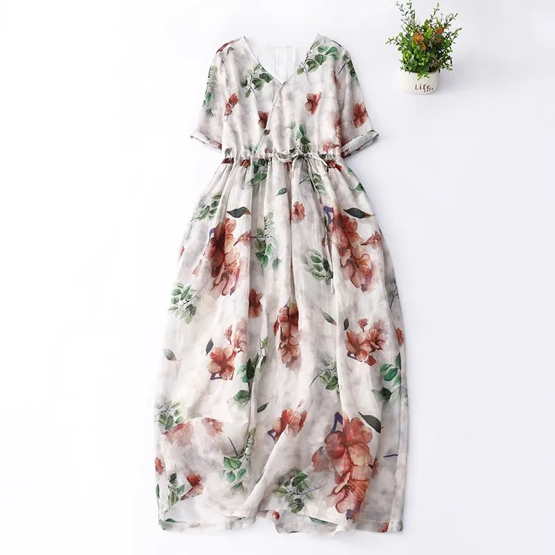 

Elegant Fashion Women Floral White Dresses 2023 New V-Neck Short Sleeve Lace Up Boho Style Holiday Beach Midi Dresses Robe Femme