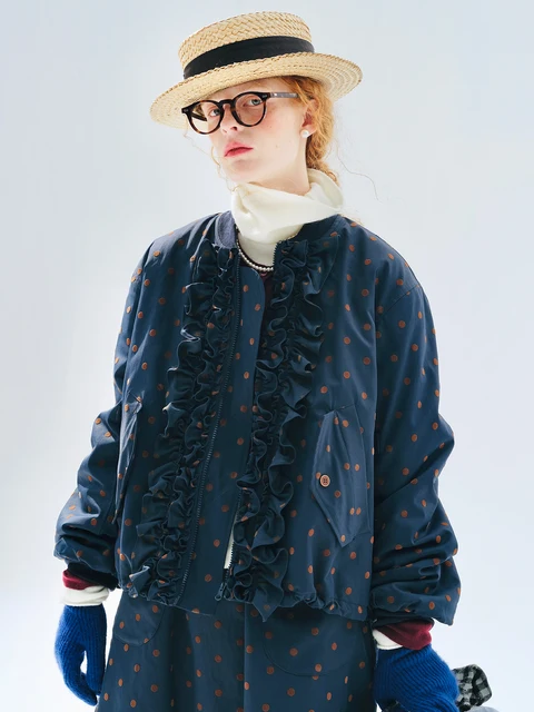 Retro Polka Dot Cotton Jacket Ruffle - Zipper Quilted Top Leisure Stroll, Artistic & Romantic 255281 1