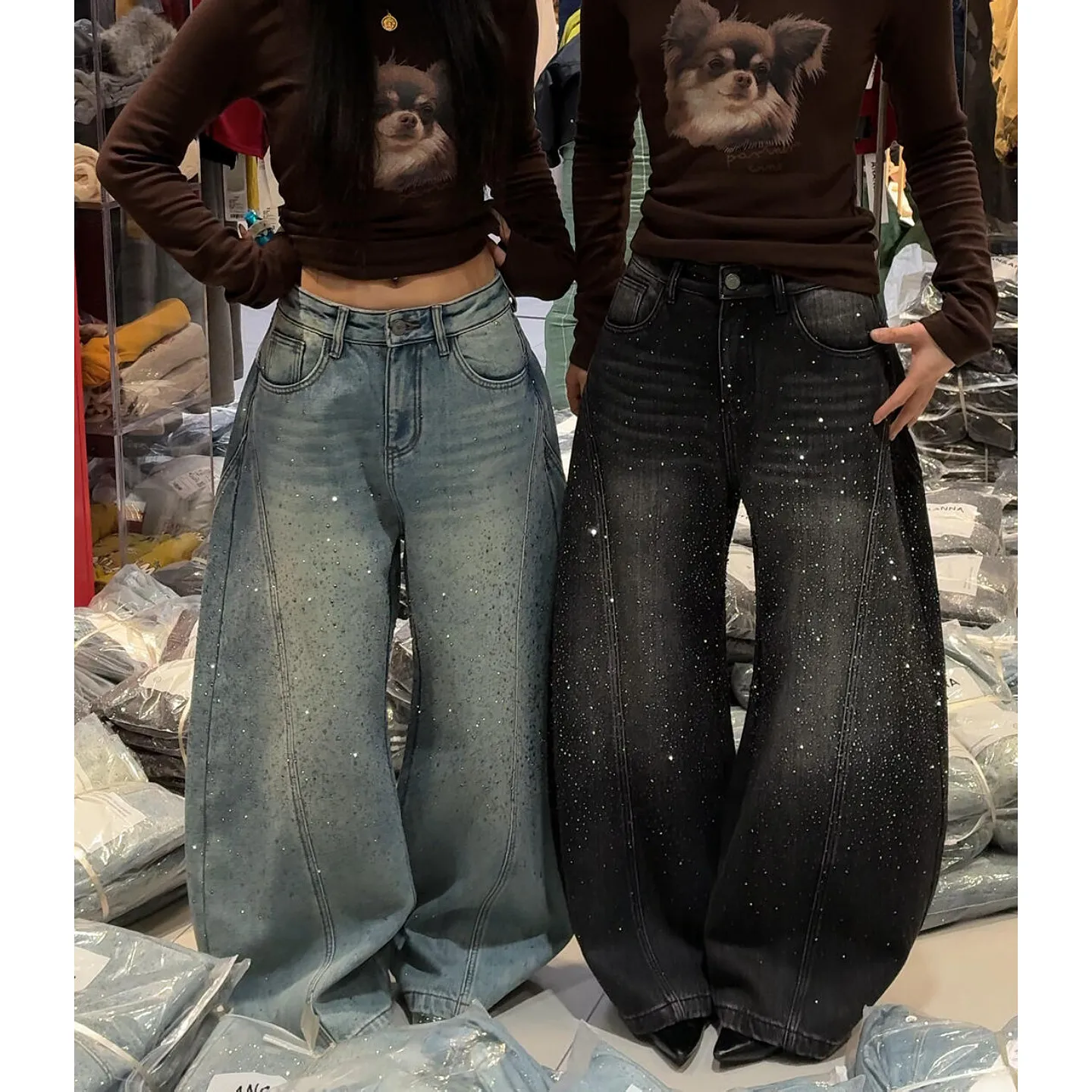 بنطلون جينز نسائي جديد بتصميم واسع الساق مزين بالأحجار اللامعة، جينز فضفاض بطول كامل