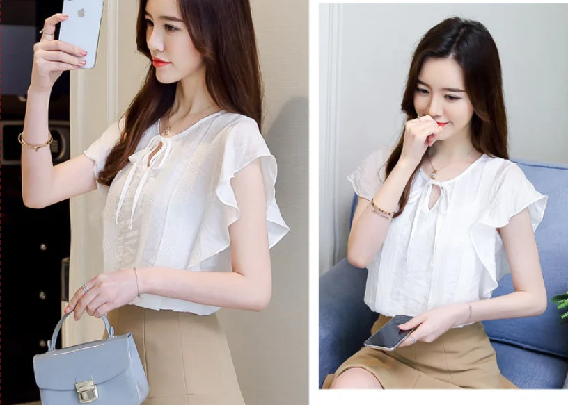 Female O-Neck Bow Lacing Hollow Out Solid Blouse Loose Oversize Flying Sleeve Patchwork Chiffon Shirt Women's Summer Clothing