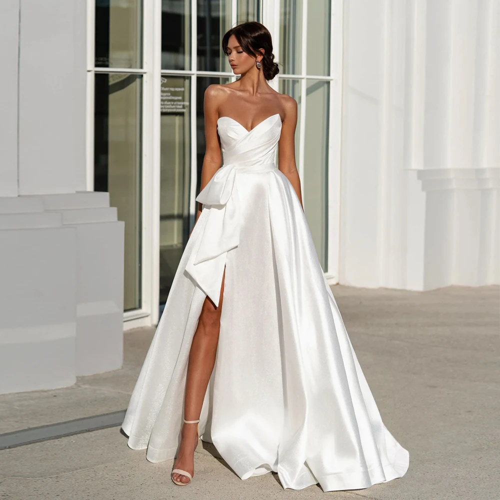 

Simple Sweetheart Neck Wedding Dresses Stapless Sleeveless Front Slit Bridal Growns Floor Length Bow Satin Vestidos De Novia