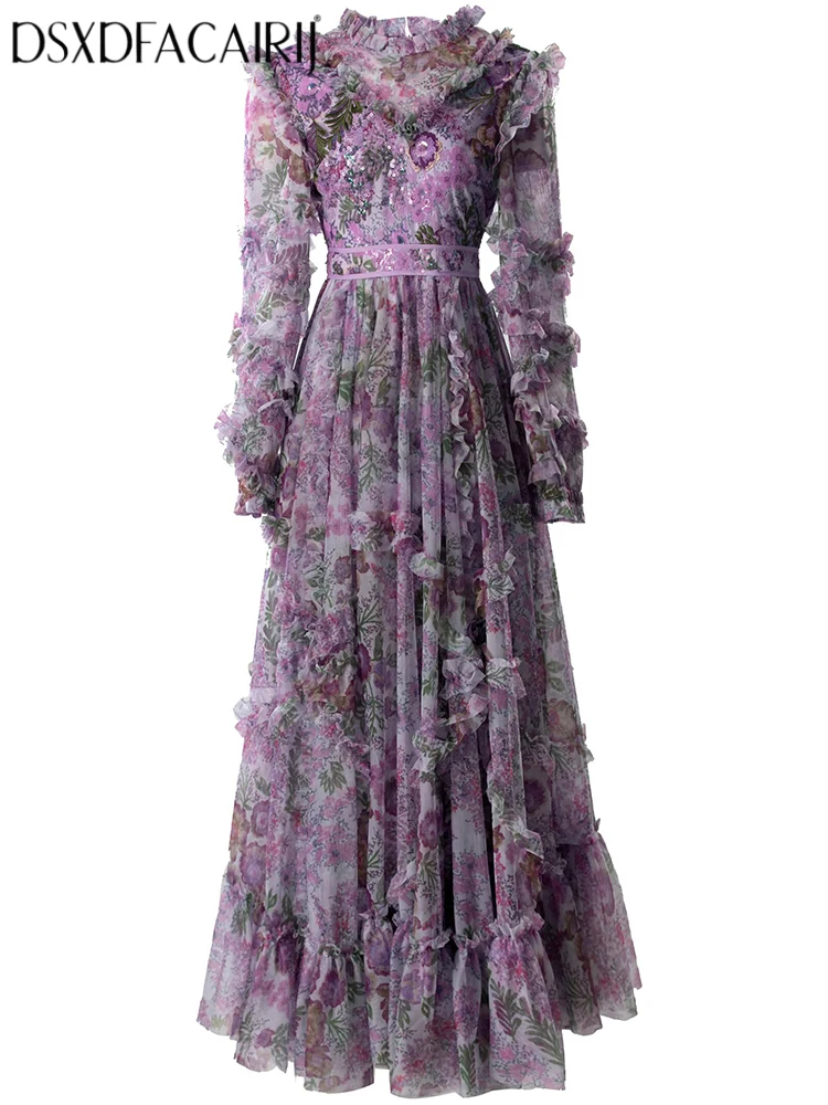 DSXDFACAIRIJ Women's Sequin Flower Embroidery Mesh Long Dress O-Neck  Lantern Sleeve Ruffles Vintage Print Summer Fashion Female - AliExpress  200000345